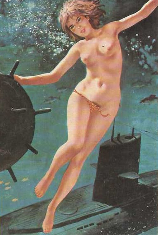 topless bikini girl with her hand on an anti-shipping mine