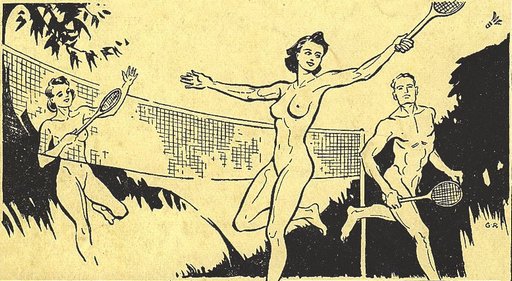 vintage line art of nudist tennis players