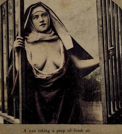 vintage nun at a window with bare breasts to catch the cool breezes