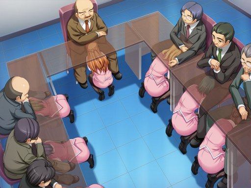 office ladies sucking dour businessmen under the conference table