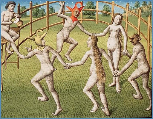 medieval manuscript illuminated nudes dancing and singing and playing instruments