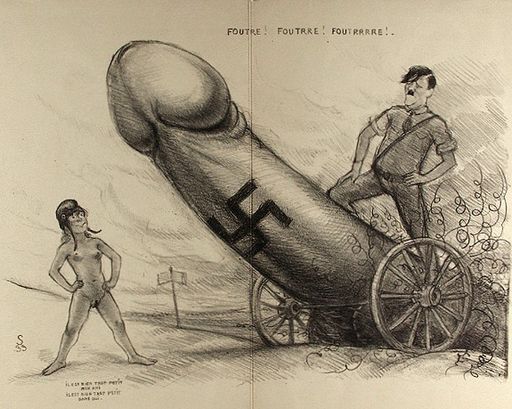 Hitler astride the giant penis artillery as it moves forward in conquest; a small naked woman stands in the way