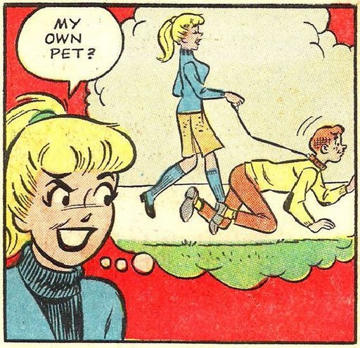 betty walking archie on a leash like a dog