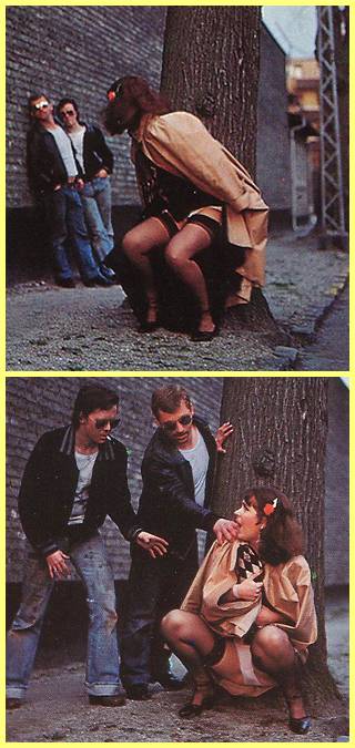 woman squatting to pee in an alley that\'s not as deserted as she needs it to be