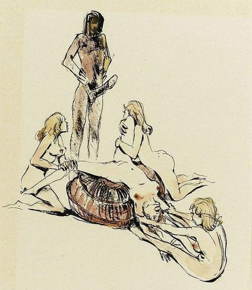 three blondes hold a woman by her arms and legs over a bolster for penetration by a man with an enormous dick