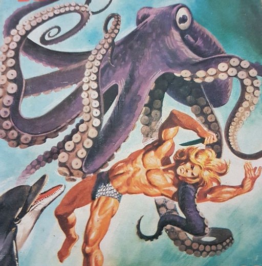 muscled beauty of a brainless hero about to be eaten by a giant octopus