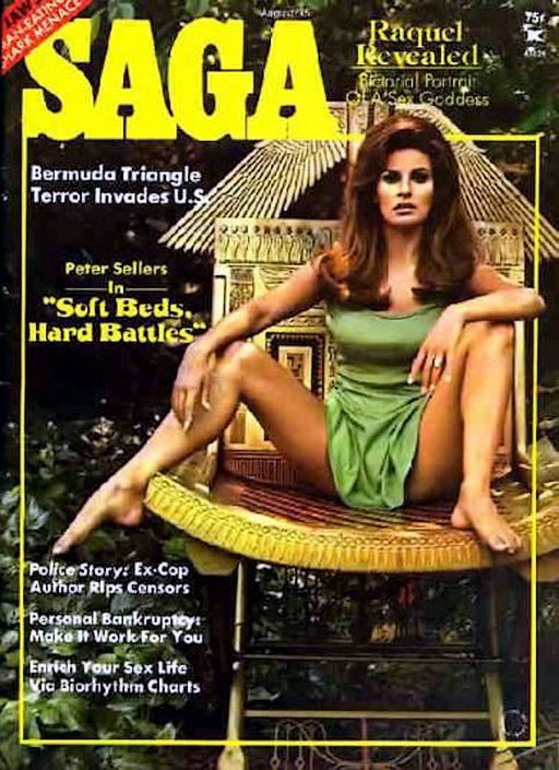 Raquel Welch in a skimpy dress on the cover of Saga magazine in august 1975