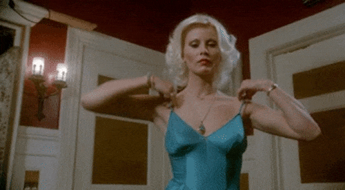 platinum blonde porn superstar Seka undressing in a 1980 porn movie -- animated .gif