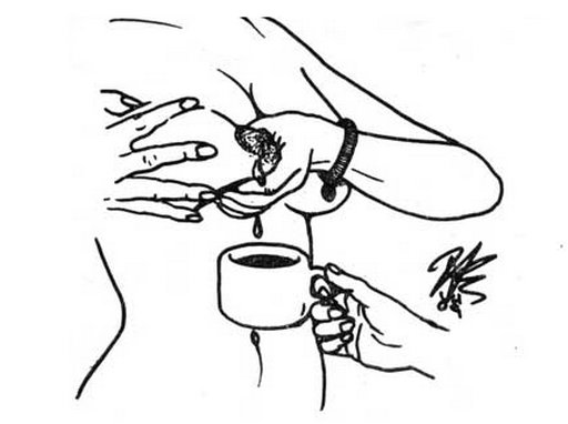 submissive woman squeezing her breast milk into a cup of tea