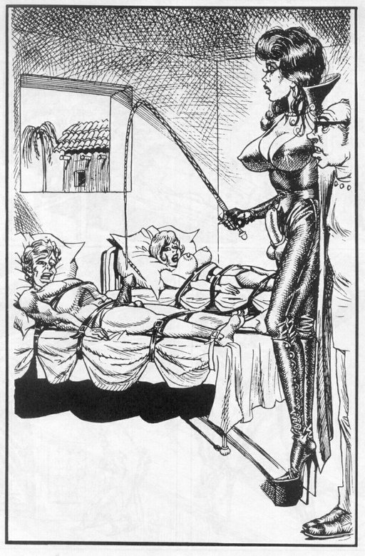 husband and wife tied side by side in separate beds being menaced by a dominatrix with a whip; husband has huge erection