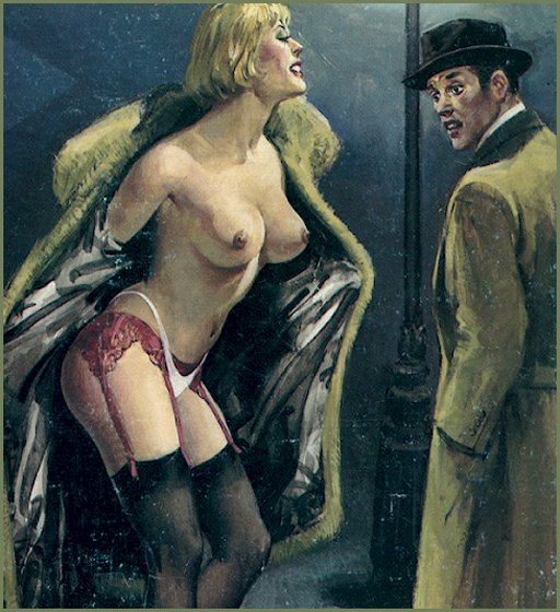 sex working flashing a startled potential costumer by opening her luxurious furs on a cold winter street 