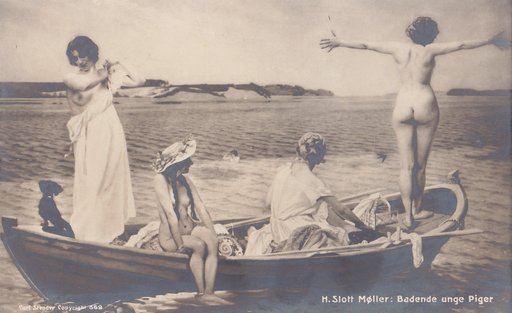 vintage postcard of four women stripping nude and diving out of a boat to go swimming naked