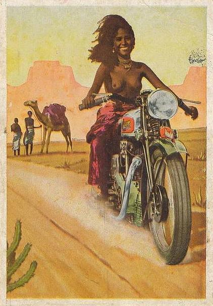 vintage motorcyle advertising featuring topless somali woman