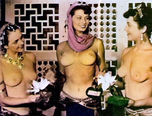 color photo of topless Sophia Loren and her semi-nude costars