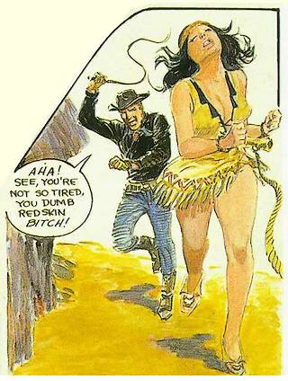 Sheriff Sam berates and whips his bound Indian wife Red Gazelle. This will prove to be a bad idea.