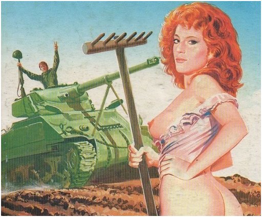 pretty peasant partisan with bare tits distracting a tank driver