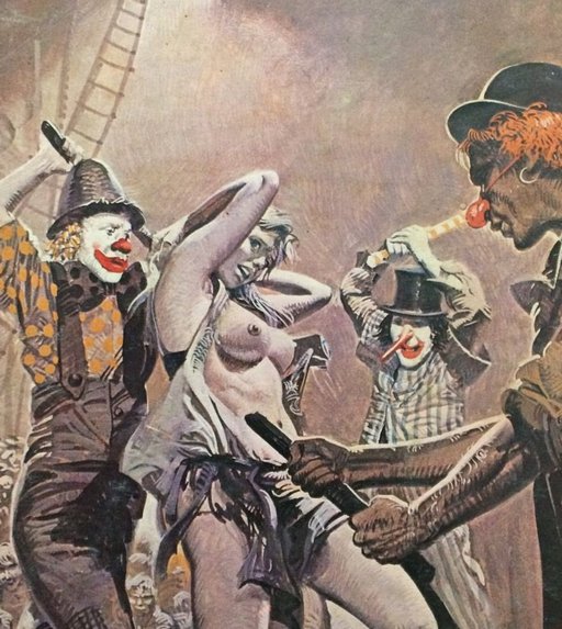 terrifying clowns assault topless half-naked half-nude woman