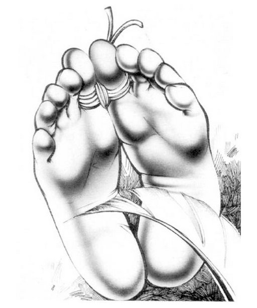 toes tied and feet tickled -- bondage tickling artwork by robert bishop