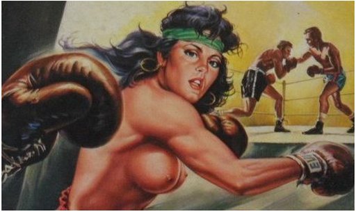 female boxer with bare breasts and boxing gloves
