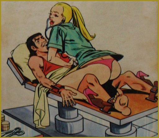blonde femdom nurse with happy man strapped to table using her stethoscope on his genitals