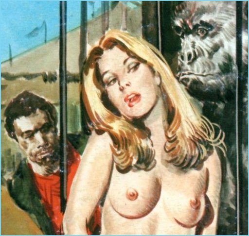 carnie girl pissing behind the gorilla cage while a voyeur pee peeping tom watches