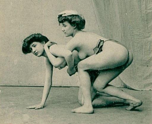 vintage postcard women wrestling naked or at least topless