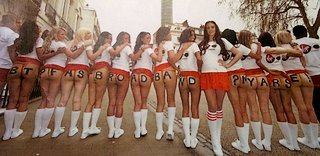 A dozen cheerleaders mooning British Telecom on behalf of Virgin Media
