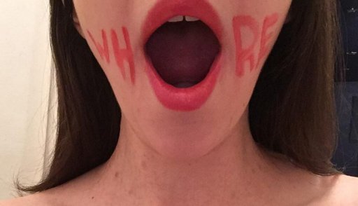 her whore hole is her mouth, body-writing in red lipstick