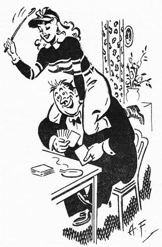 happy man playing cards while being ridden by a woman with a riding crop
