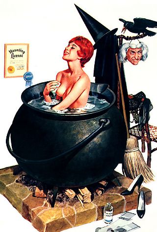 pretty young witch bathing in her own cauldron