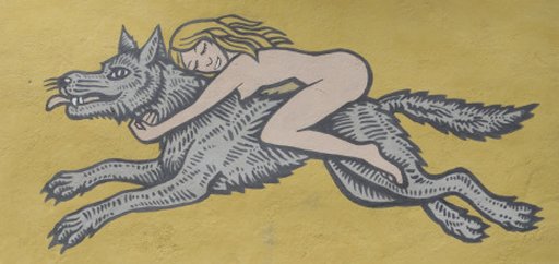 naked lady riding a wolf