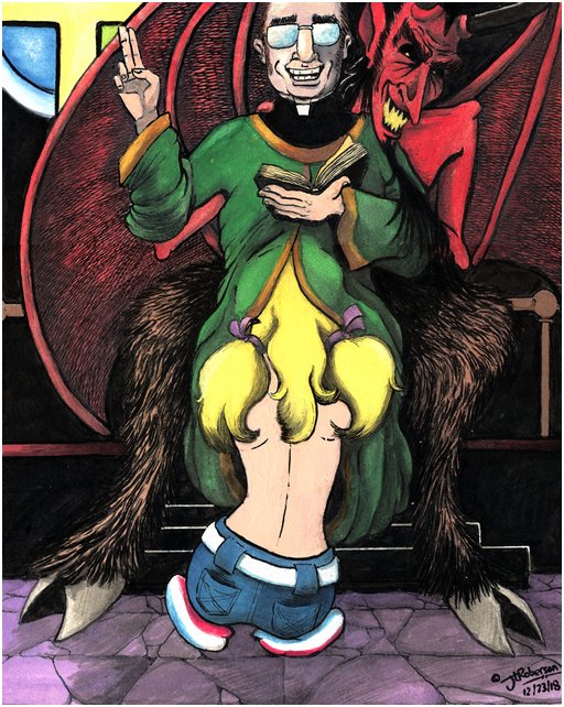Suzy Spreadwell kneeling in front of a priest in a blowjob posture as he preaches, clearly ecstatic, while standing in the intimate embrace Satan or one of his demons