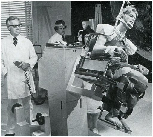 david bowie in a bondage chair astronaut gravity test spinner device