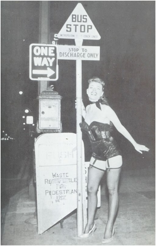 pretty burlesque woman in corset and hose waiting at a bus stop showing off her fancy lingerie