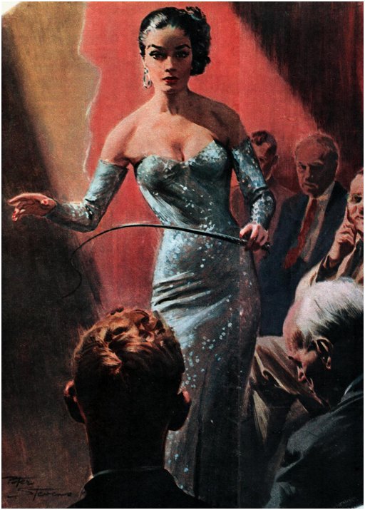 femdom hypnotist or dominatrix in a slinky dress commanding the attention of a roomful of rich old men
