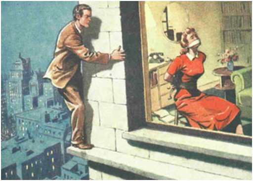 man on a narrow ledge approaching a window through which a bound and gagged woman may be seen