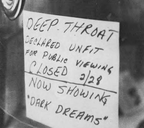 box office placard announcing NYC theatrical closure of Deep Throat due to judicial censorship