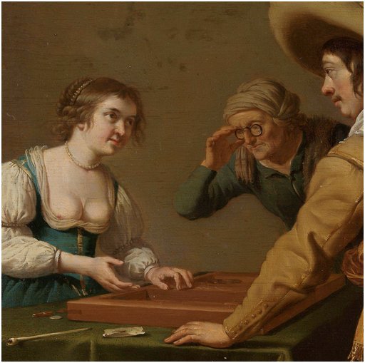 tavern wench in an opium den with her dress cut below the nipples playing backgammon and dice