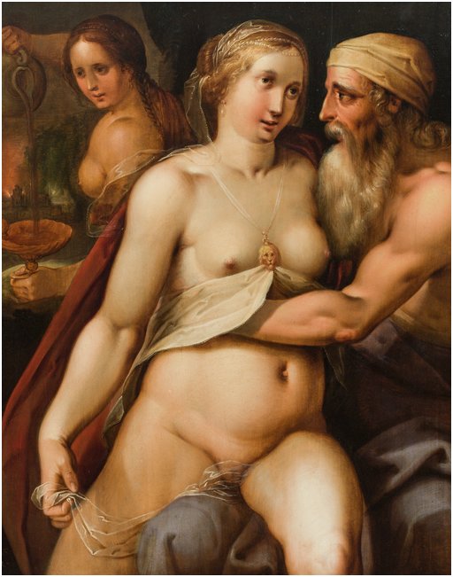 fine art painting shows Lot dandling one of his adult daughters on his knee and she is so naked that her cunt slit shows