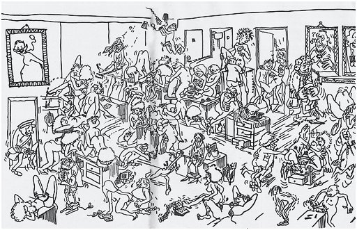 pen and ink drawing of a complicated workplace orgy in a Finnish open plan office