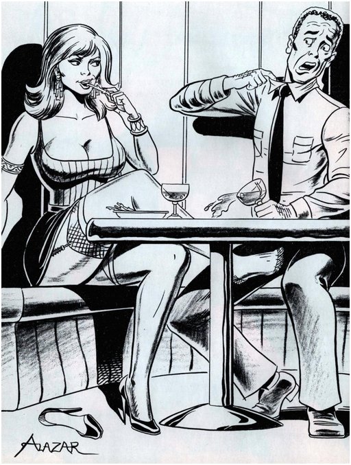 woman playing footsie with her dining companion and making him spill his drink