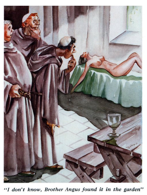 several worried monks examine a sleeping nude woman