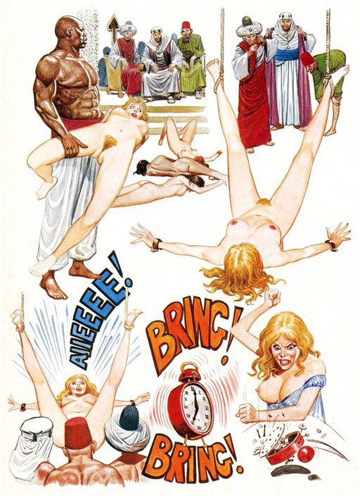 woman dreams of being dragged before an orientalist potentate for a bondage inspection before being brutally woke up by her alarm clock which she thens smashes in fury and frustration