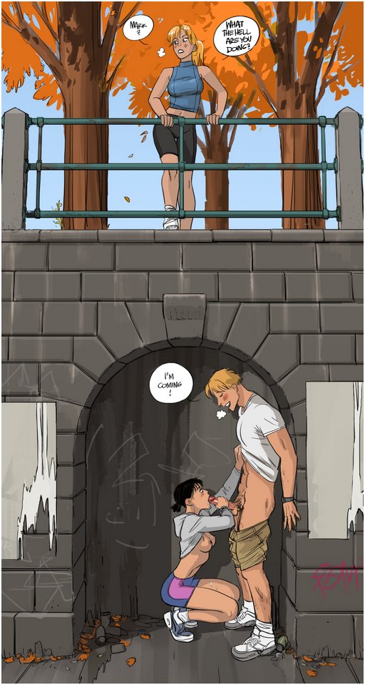 man gets a blowjob under a bridge while a woman standing above calls for him