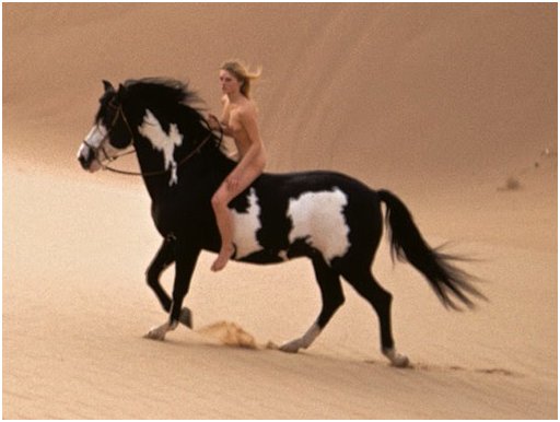 nude blonde rides her horse over the sand dunes in a desert