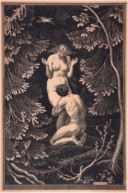 oral sex cunnilingus pussy licking in Eden woodcut
