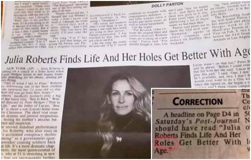 newspaper headline typo says Julia Roberts has holes that get better with age