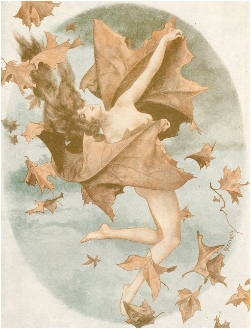 naked lady dancing among dead leaves on a chilly windy autumn day