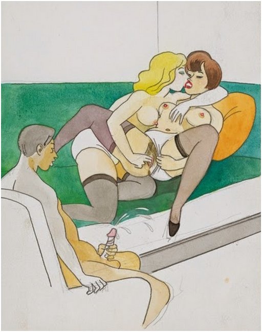 man masturbates to orgasm while watching two lesbians making out