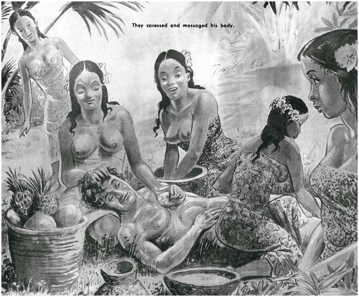 five women, three of them topless, feed and pamper a single very happy man